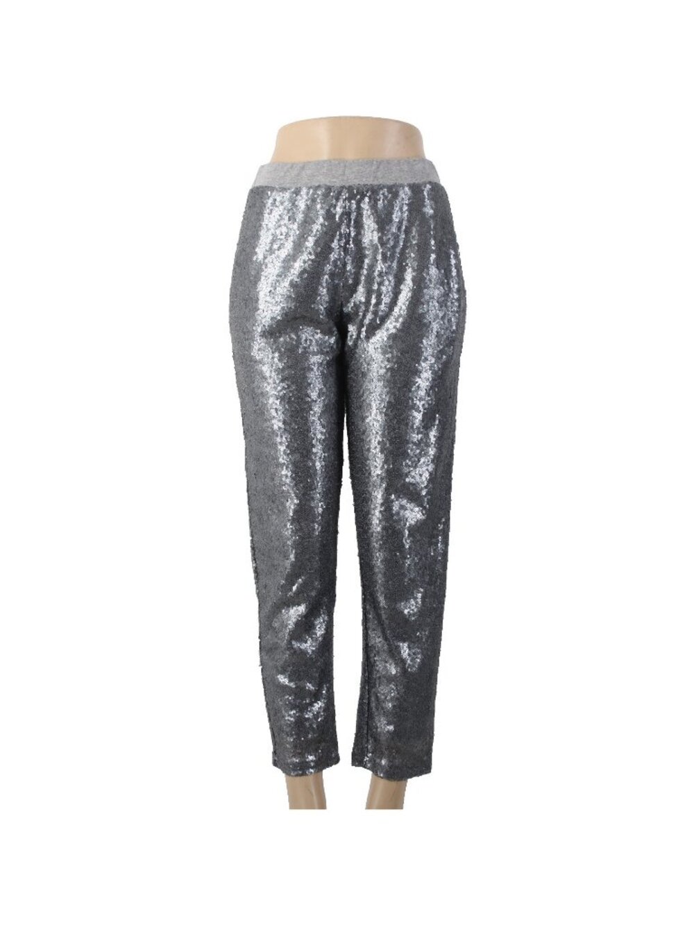 En Creme Pant Sz S x 27 Gray Silver Sequin All Over Elastic Waist Cotton Poly